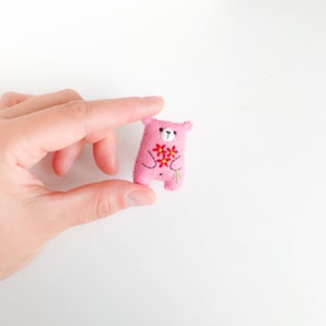 Pink teddy bear plushie miniature animals pocket hug, floral animals embroidered flowers bouquet cute gift pocket pet cheer up gift image 2