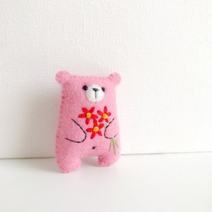 Pink teddy bear plushie miniature animals pocket hug, floral animals embroidered flowers bouquet cute gift pocket pet cheer up gift image 1