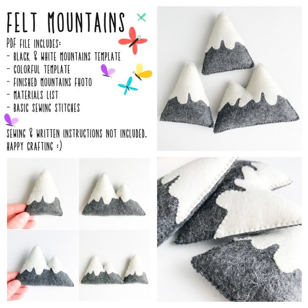 Felt mountains PDF sewing pattern felt ornaments templates, snowy mountains, woodland nursery mountain baby mobile, DIY crafts, bay shower