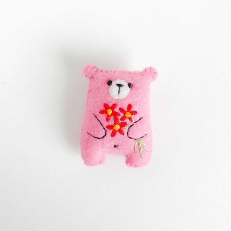 Pink teddy bear plushie miniature animals pocket hug, floral animals embroidered flowers bouquet cute gift pocket pet cheer up gift image 4