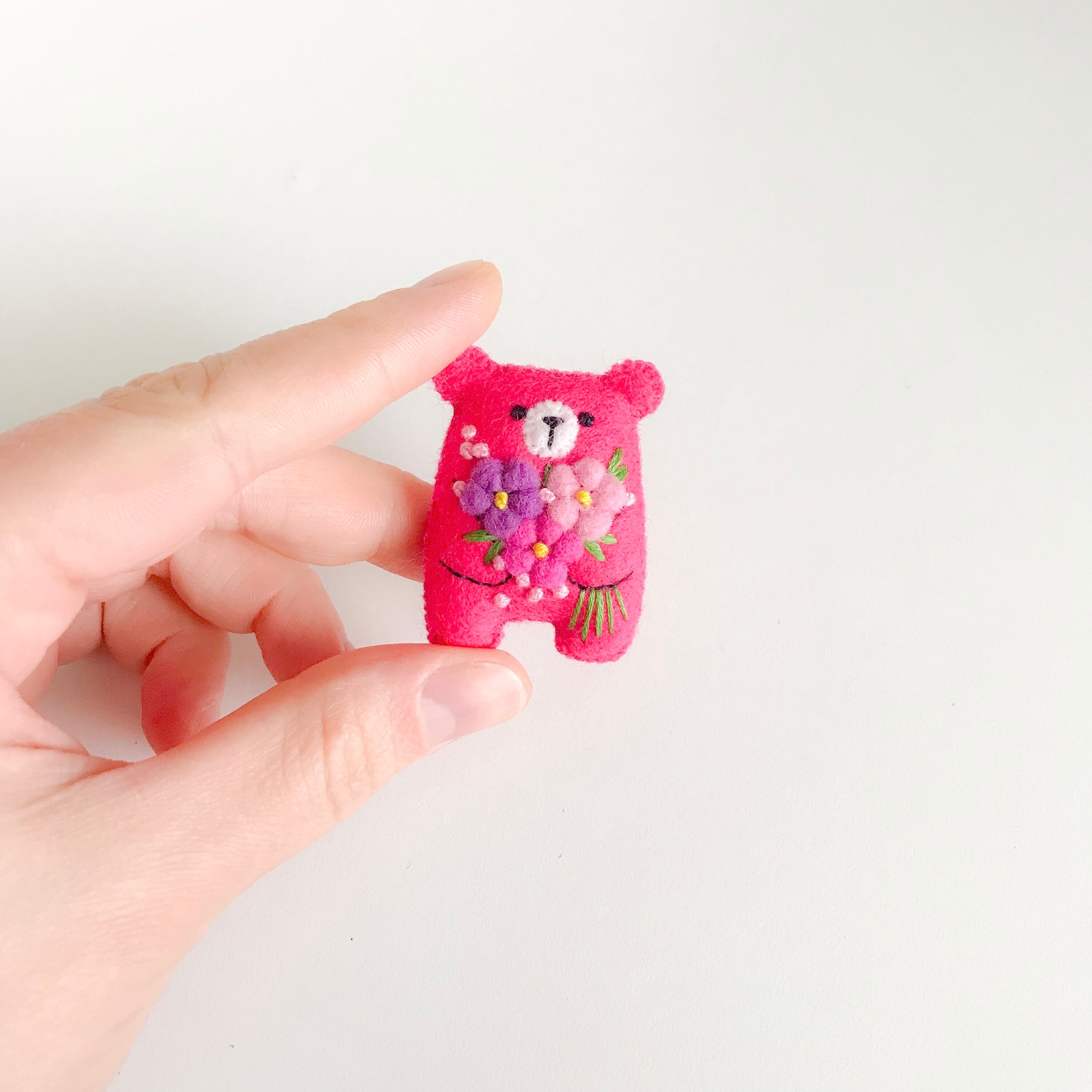 Miniature Pink Teddy Bear: Wool Felt Flowers Bouquet, Pocket Plushie