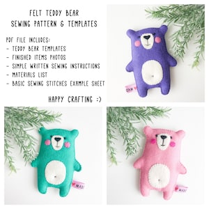 Modello di cucito per orsacchiotto di peluche in feltro, tutorial PDF modello di peluche, ornamenti di animali in feltro, orsetto giocattolo, progetti di artigianato per bambini, cucito fai da te, bosco