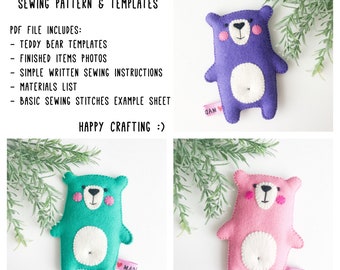 Felt teddy bear sewing pattern, PDF tutorial stuffed toy template, felt animals ornament bear toy kids crafts projects DIY sewing woodland