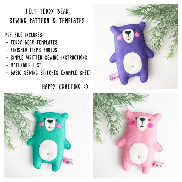 Felt teddy bear sewing pattern, PDF tutorial stuffed toy template, felt animals ornament bear toy kids crafts projects DIY sewing woodland