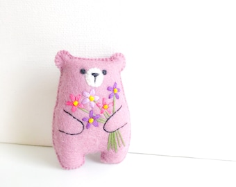 Small teddy bear plushie, worry pet, pocket hug, emotional support gift, embroidered flowers, stuffed animals, dollhouse toy, woodland party