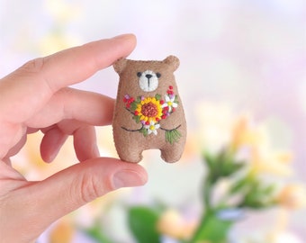 Miniatura oso de peluche peluche flor animales flores silvestres girasoles flores bordadas ramo patrón floral, oso de bolsillo abrazo animales lindos