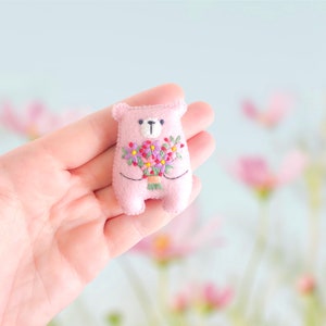 Miniature teddy bear, pink bear embroidered flowers bouquet floral pattern felt teddy bear, pocket bear hug, miniature animals, stuffed bear