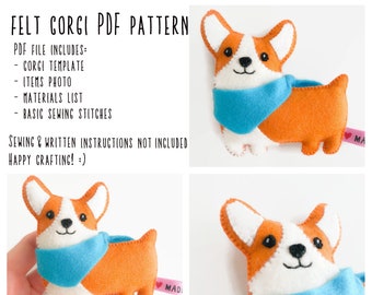 Felt corgi plush PDF template pattern dog ornament toy sewing pattern, kids crafts projects DIY sewing, stuffed animal, dog lover gift