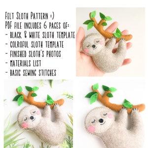 Tropical animals sloth PDF template pattern, felt ornament toy sewing pattern, kids crafts projects DIY sewing, jungle party nursery decor