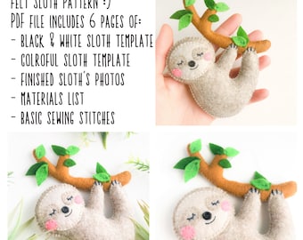 Tropical animals sloth PDF template pattern, felt ornament toy sewing pattern, kids crafts projects DIY sewing, jungle party nursery decor