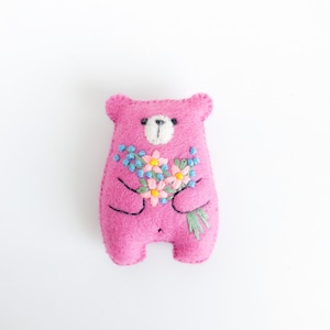 Pink teddy bear miniature plush toy, pocket bear hug, pocket pets wildflower embroidered flowers, dollhouse toy, gifts under 20 dollars image 4