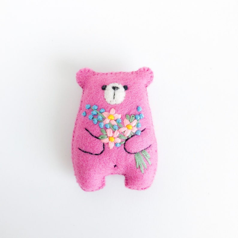 Pink teddy bear miniature plush toy, pocket bear hug, pocket pets wildflower embroidered flowers, dollhouse toy, gifts under 20 dollars image 4