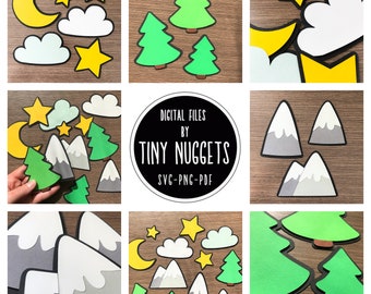 Snowy mountains, moon and stars, forest nursery SVG file, Digital download, file for Cricut, paper crafts, Silhouette file, woodland decors