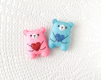 Miniature Teddy Bear holding heart, Care Bears, Plushie Bear Hug Keepsake, embroidered animals, pocket friend, woodland party felt ornament