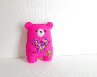 Pink bear plushie, pocket teddy bear hug worry pet, stuffed animals, woodland fairytale dollhouse toy, small keepsake, token of love gift