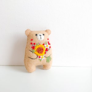 Tiny teddy bear miniature teddy bear plushie wildflower sunflowers embroidered flowers bouquet, pocket bear hug, cute animals, stuffed bear