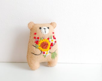 Tiny teddy bear miniature teddy bear plushie wildflower sunflowers embroidered flowers bouquet, pocket bear hug, cute animals, stuffed bear