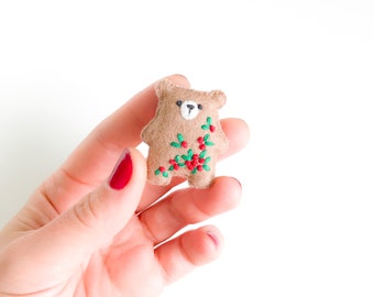 Redberries teddy bear, small plushie, miniature pocket bear hug, embroidered red berries, holiday season festive cute, thinking of you gift