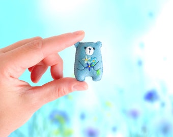 Miniature teddy bear, cute gift, blue bear plushie wildflower embroidered flowers bouquet floral pattern, pocket bear hug, stuffed animals