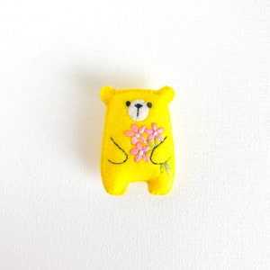 Miniature teddy bear, cute gift, yellow bear plushie wildflower embroidered flowers bouquet floral pattern, pocket bear hug, stuffed animals image 2