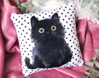 Small pillow, black cat lover gift pet pillow, cute kitten kids playroom pillow, baby crib cushion, dollhouse doll pillow, cuddly plushie