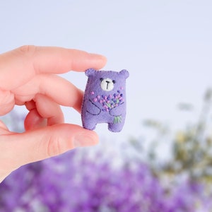 Miniature teddy bear, lavender purple bear embroidered flowers bouquet floral pattern felt teddy bear, pocket bear hug, miniature animals