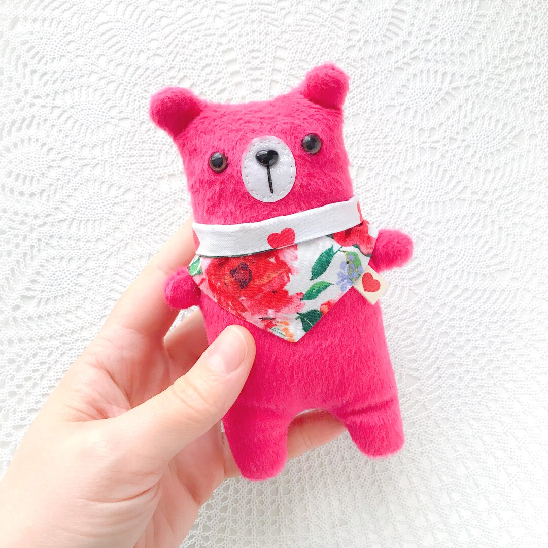 Pink Bear Plushie With Floral Scarf, Emotional Support Toy, Cute Cuddly ...