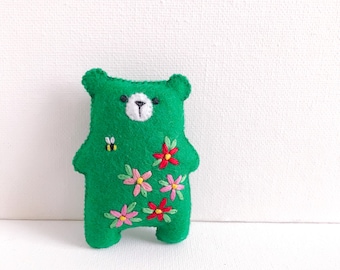 Small teddy bear, emerald green bear pocket hug, tiny honey bee, pink flowers floral embroidery, cute gift, woodland creatures, stuffed bear