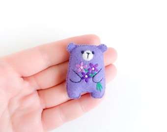 Mini teddy bear lavender purple lilac flower animals embroidered flowers bouquet floral pattern felt teddy pocket bear hug cute animals