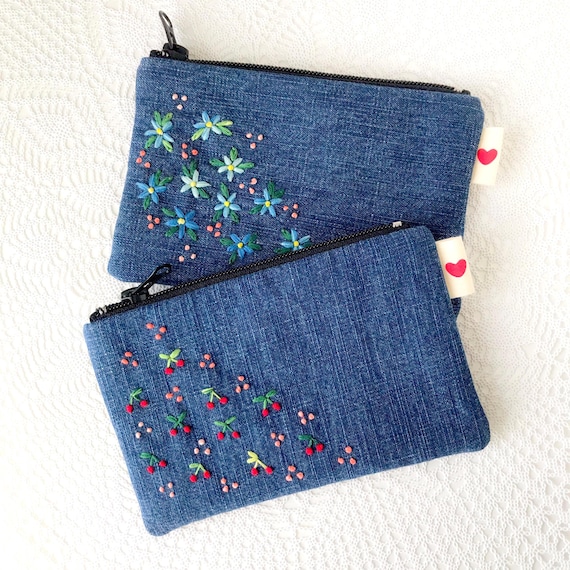 Denim Zip Pouch Canvas Zipper Pouches Denim Polka Dot — Spooltown