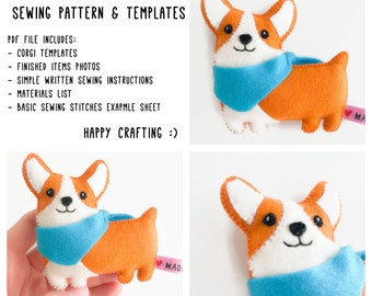 Patrón de costura de felpa corgi de fieltro, tutorial de costura en PDF, adorno para perros, juguete para mascotas de bolsillo, proyectos de manualidades para niños DIY, peluche, regalo para amantes de los perros