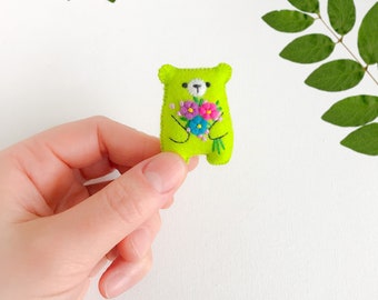 Green teddy bear small plushie, miniature animals, bear hug pocket toy worry pet, embroidered flowers, cute gift, dollhouse toy