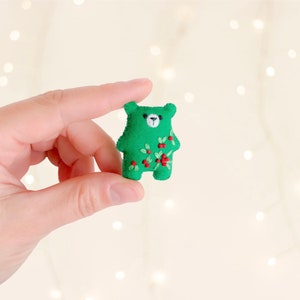 Christmas teddy bear, miniature animals, tiny teddy, small plushie, embroidered red berries, pocket bear hug, holiday season festive decor