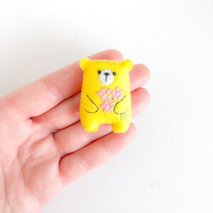 Miniature teddy bear, cute gift, yellow bear plushie wildflower embroidered flowers bouquet floral pattern, pocket bear hug, stuffed animals image 3