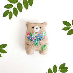 Miniature Wool Felt Teddy Bear: Embroidered Floral Bouquet, Pocket Pet