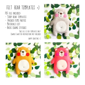 May include: Felt bear templates with text. The image shows three felt bear templates in different colors: gray, orange, and pink. The bears have white bellies and pink cheeks. The image also includes green leaf cutouts and text that says "FELT BEAR TEMPLATES".