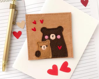 Bear Family Mini Art Piece Embroidered Picture, Small Shelf Decor, Fabric Postcard Textile Painting, Felt ornament, SnapPap Paper, Mail gift