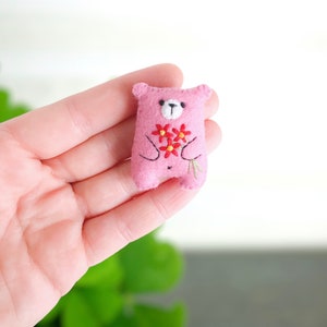 Pink teddy bear plushie miniature animals pocket hug, floral animals embroidered flowers bouquet cute gift pocket pet cheer up gift image 3