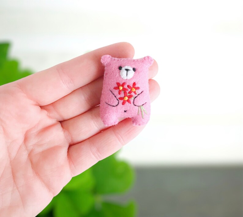 Pink teddy bear plushie miniature animals pocket hug, floral animals embroidered flowers bouquet cute gift pocket pet cheer up gift image 3