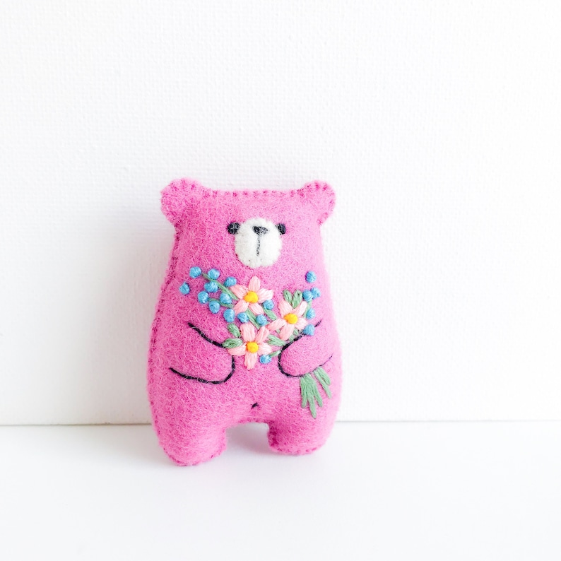 Pink teddy bear miniature plush toy, pocket bear hug, pocket pets wildflower embroidered flowers, dollhouse toy, gifts under 20 dollars image 1