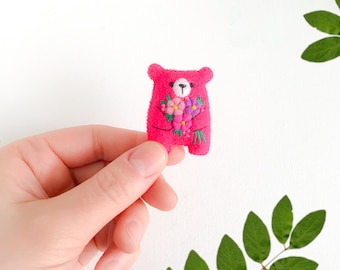 Pink teddy bear small plushie, bear hug pocket toy worry pet, floral animals, embroidered flowers, cute gift, pink bear, dollhouse toy