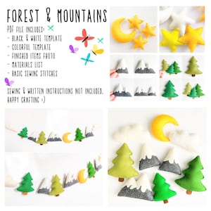 Puede incluir: Una colección de artículos de artesanía de fieltro con temática de bosque y montaña. La imagen incluye árboles, montañas, lunas, estrellas, nubes y mariposas de fieltro. El texto en la parte superior dice "FOREST & MOUNTAINS". El archivo PDF incluye plantillas, fotos y una lista de materiales.