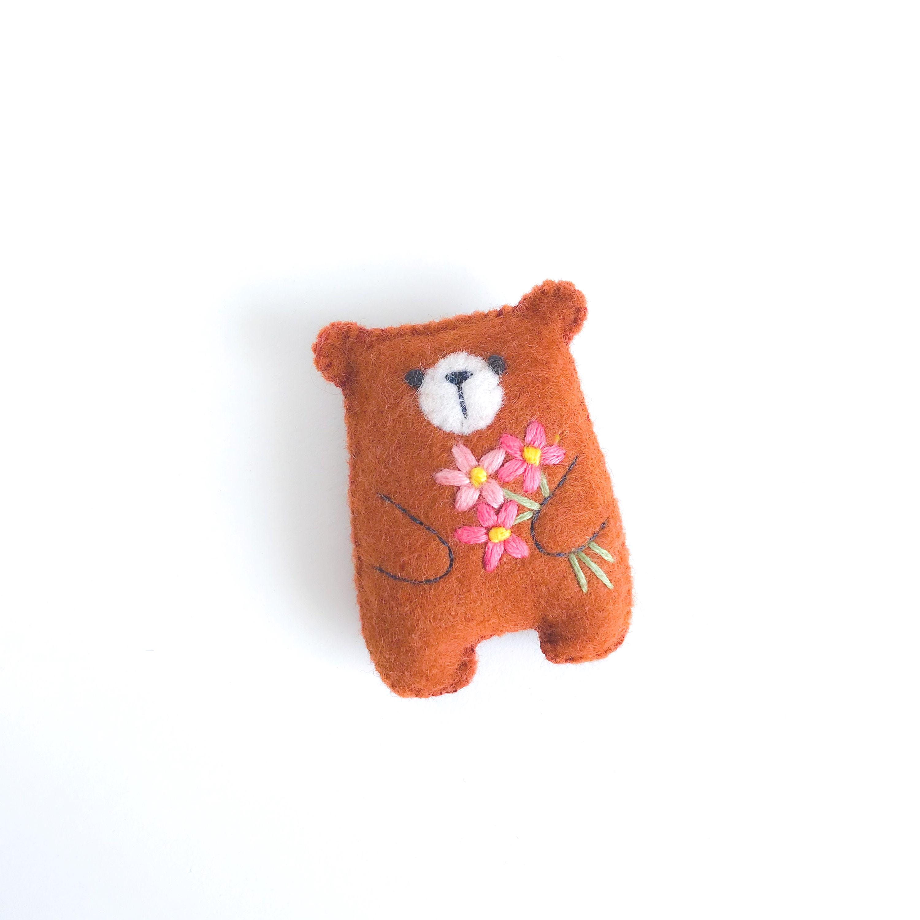 Tiny Wool Felt Teddy Bear: Embroidered Flowers, Pocket Pet - Etsy