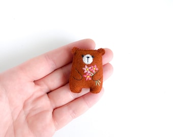 Tiny teddy bear mini plush toy, worry pet pocket bear hug small animals embroidered flowers bouquet, personalized gift message cheer up gift