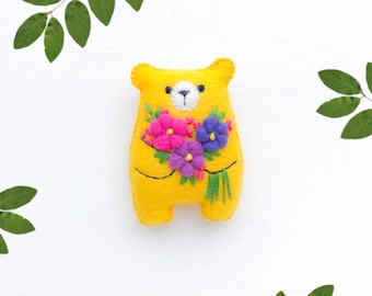 Yellow bear stuffed animal toy, miniature teddy bear with embroidered felt flowers bouquet, pocket pet, sunny bear hug, woodland creatures