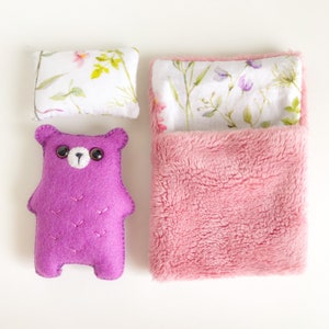 Small teddy bear and sleeping bag, travel toy for kids, stuffed bear plushie bear hug pocket toy woodland playroom dollhouse doll bedding image 2