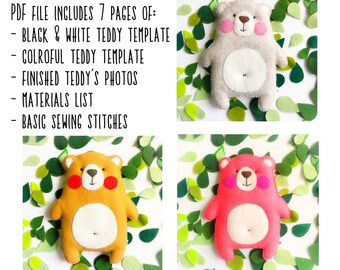 Felt teddy bear PDF template pattern, felt animal ornament, bear toy sewing pattern, kids crafts projects DIY sewing, woodland nursery doll