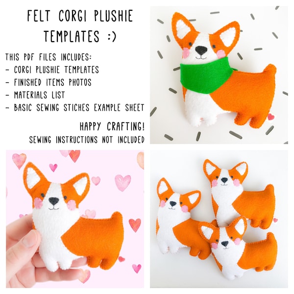 Felt corgi plush PDF template pattern dog ornament toy sewing pattern, kids crafts projects DIY sewing, stuffed animal, dog lover gift
