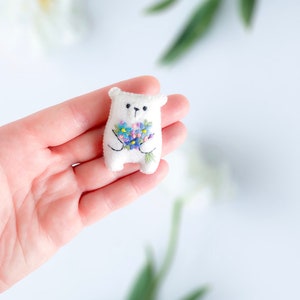 Teddy bear plushie, bear plush toy, small bear, polar bear, floral animals, embroidered flowers bouquet, cute gift, blue flowers, white bear