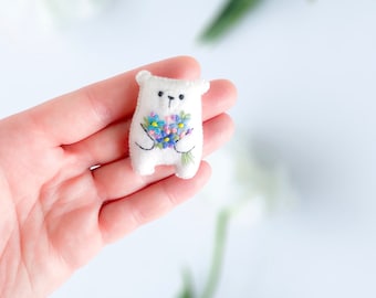 Teddy bear plushie, bear plush toy, small bear, polar bear, floral animals, embroidered flowers bouquet, cute gift, blue flowers, white bear